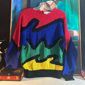 Vintage 80s 90s Vibrant Multicolor Knit Crewneck Sweater by Nannell Medium